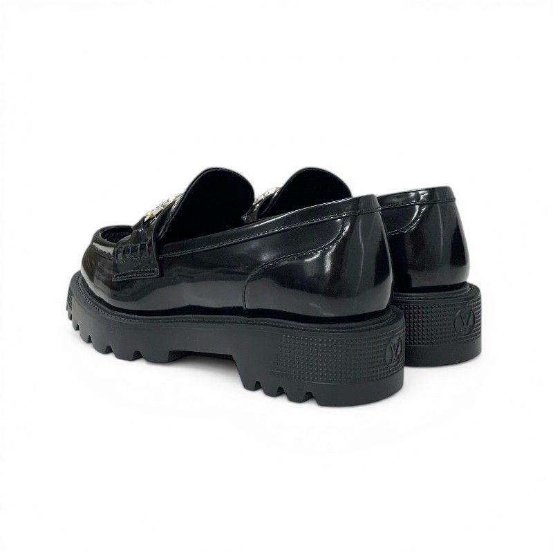 Louis Vuitton District Loafers Leather Shoes Patent Black Silver LV Circle Logo — view 4