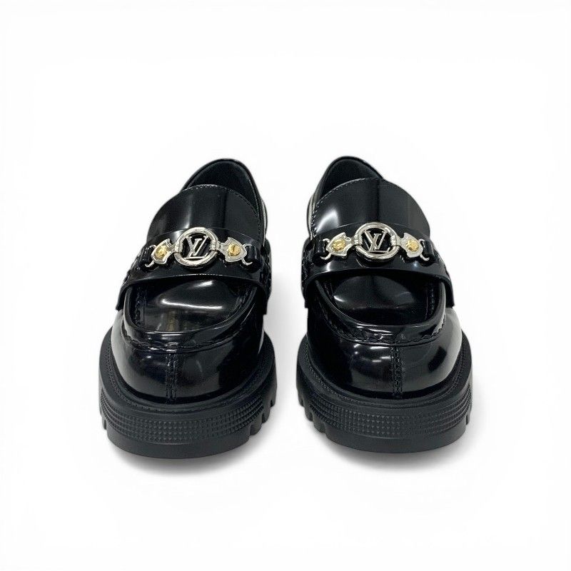 Louis Vuitton District Loafers Leather Shoes Patent Black Silver LV Circle Logo — view 2