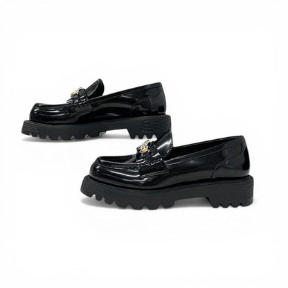 Louis Vuitton District Loafers Leather Shoes Patent Black Silver LV Circle Logo — view 3