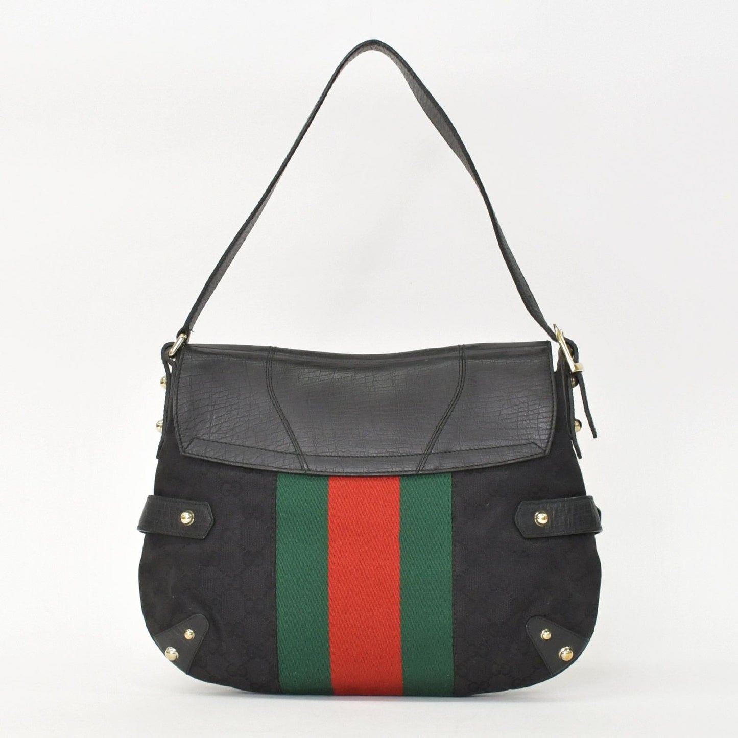 Gucci GG Canvas Shoulder Bag Gold Black Green — view 3