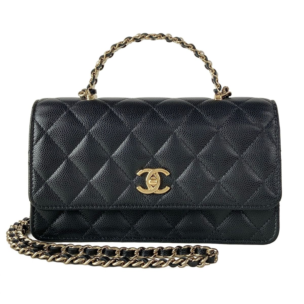 Chanel Clutch Quilted Black 2-Way Bijou Handle Chain Gold