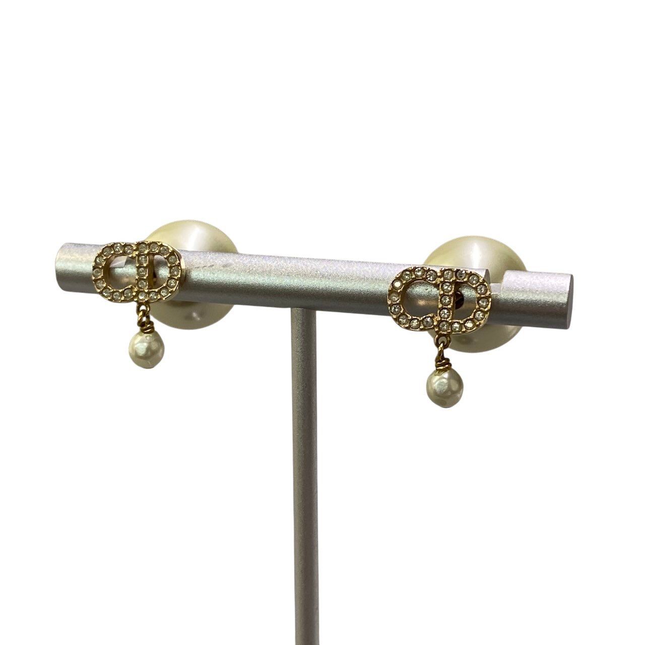 Dior Tribales Tribal Resin Pearl Earrings CD Logo Rhinestone Gold White — view 2
