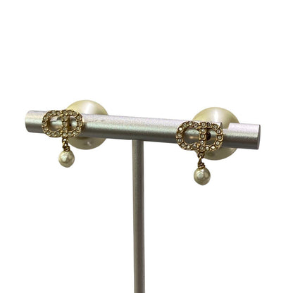 Dior Tribales Tribal Resin Pearl Earrings CD Logo Rhinestone Gold White — view 2
