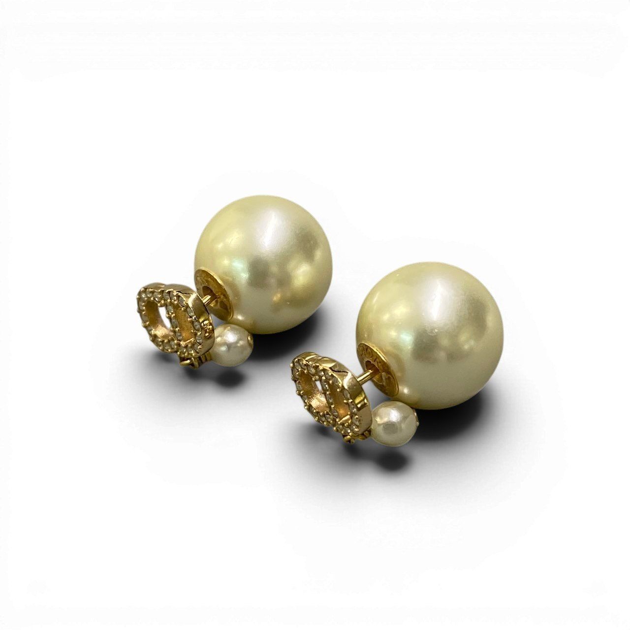 Dior Tribales Tribal Resin Pearl Earrings CD Logo Rhinestone Gold White — view 4