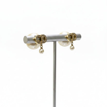 Dior Tribales Tribal Resin Pearl Earrings CD Logo Rhinestone Gold White