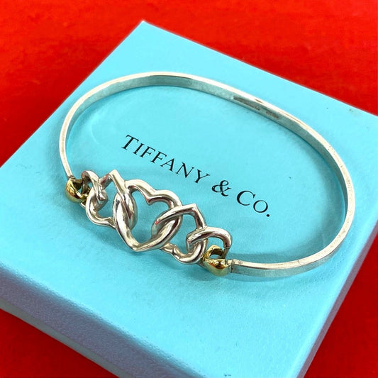 Tiffany & Co Vintage Triple Heart Bangle 925 Sterling Silver Bracelet
