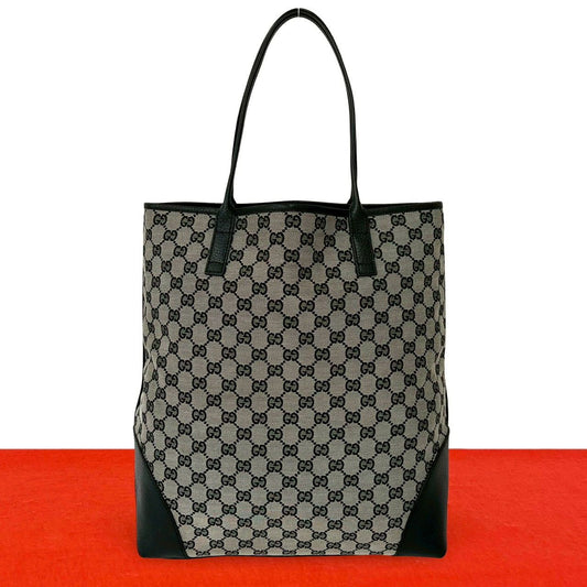 Gucci GG Pattern Canvas Leather Tote Shoulder Bag Business Black