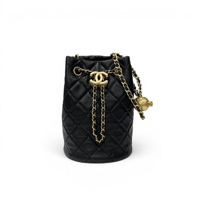 Chanel Shoulder Bag Black Gold CC Logo Chain Back Drawstring