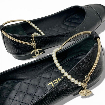 Chanel Flat Shoes Leather Black Gold CC Logo Camellia Processing Pearl Strap — view 9