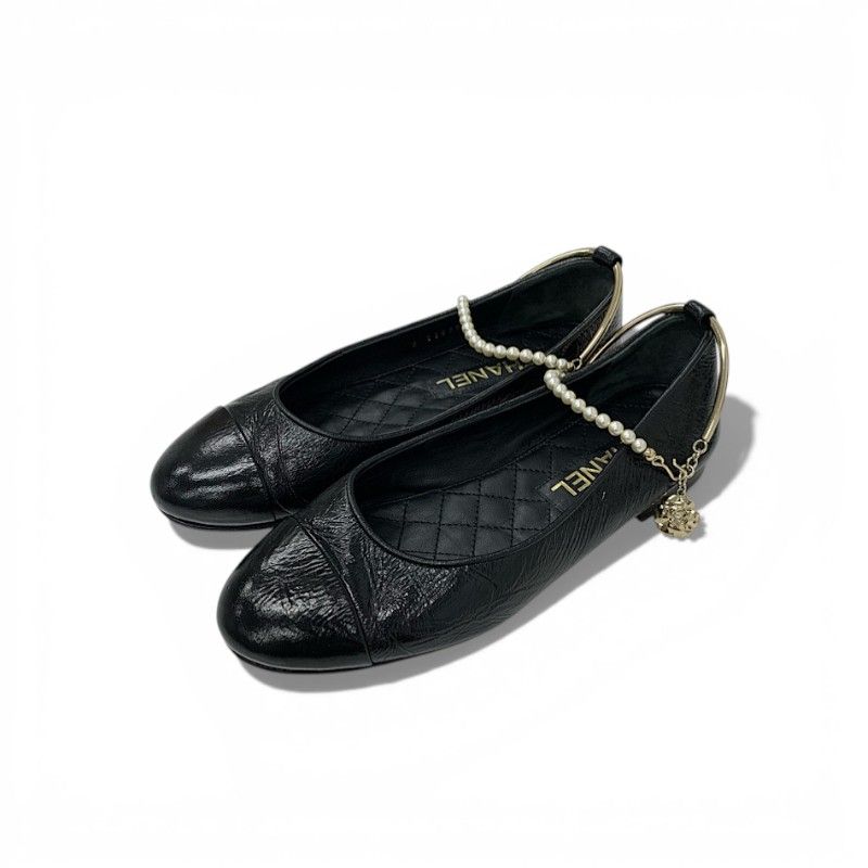 Chanel Flat Shoes Leather Black Gold CC Logo Camellia Processing Pearl Strap