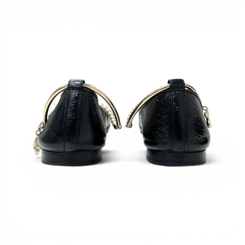 Chanel Flat Shoes Leather Black Gold CC Logo Camellia Processing Pearl Strap — view 5