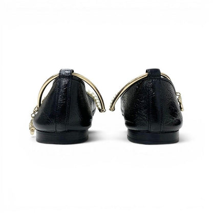 Chanel Flat Shoes Leather Black Gold CC Logo Camellia Processing Pearl Strap — view 5