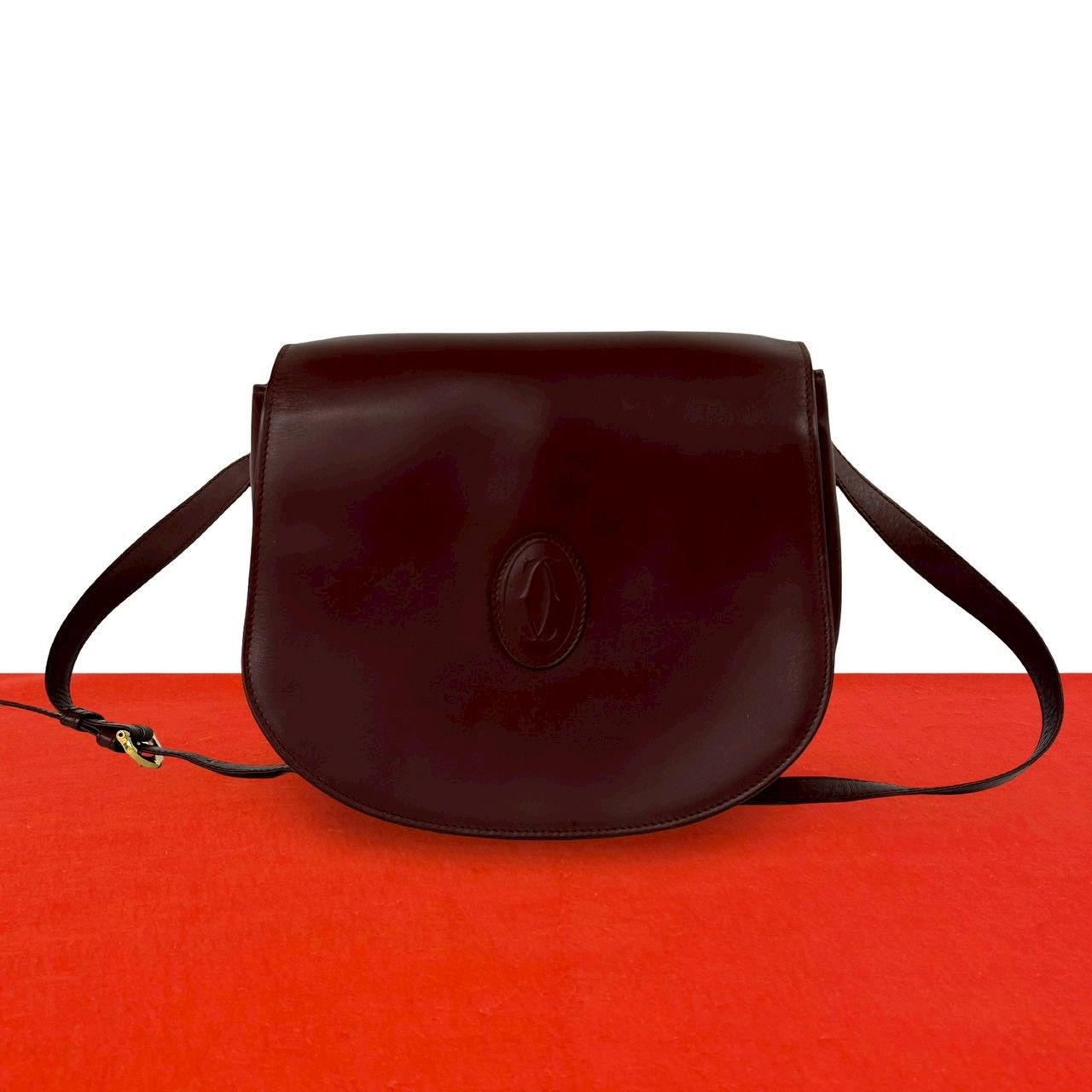 Cartier Vintage Must Line Leather Shoulder Bag Pochette Crossbody Wine
