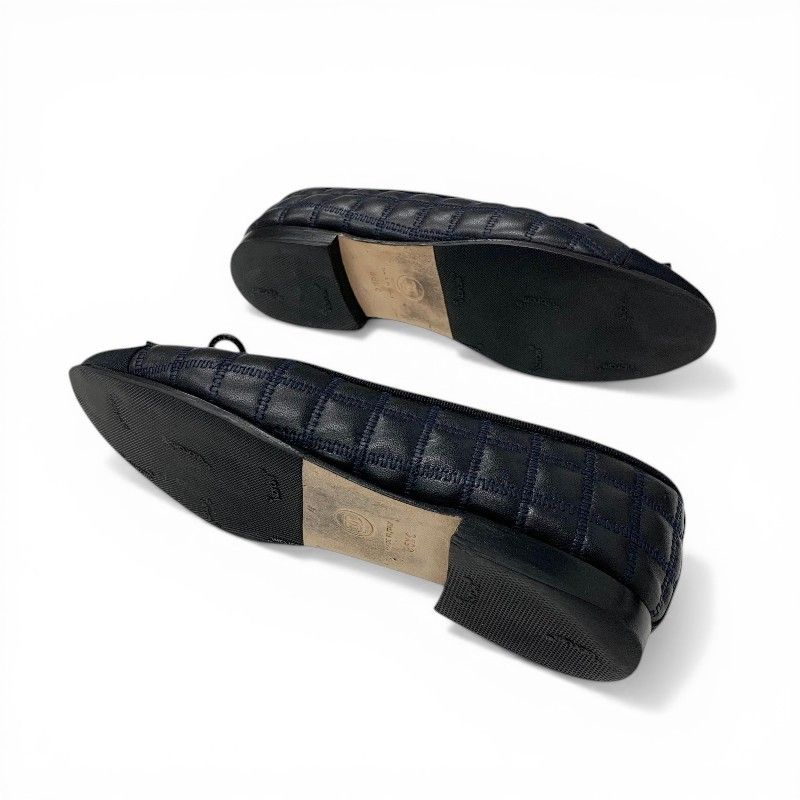 Chanel Flat Shoes Leather Fabric Black Navy CC Logo Quilted Ribbon Ballet — view 5