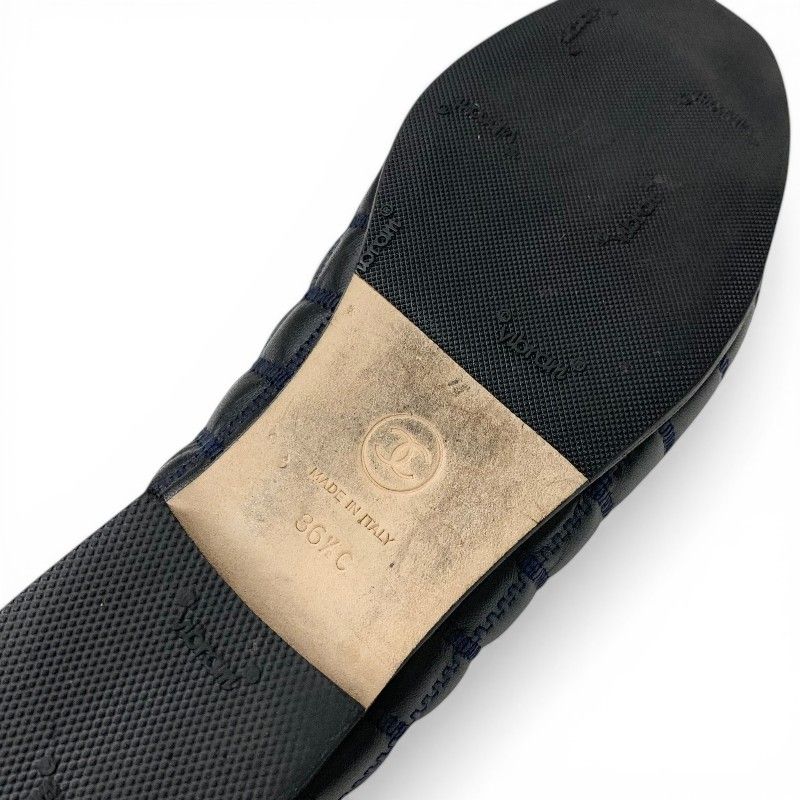 Chanel Flat Shoes Leather Fabric Black Navy CC Logo Quilted Ribbon Ballet — view 7