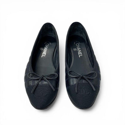 Chanel Flat Shoes Leather Fabric Black Navy CC Logo Quilted Ribbon Ballet — view 2