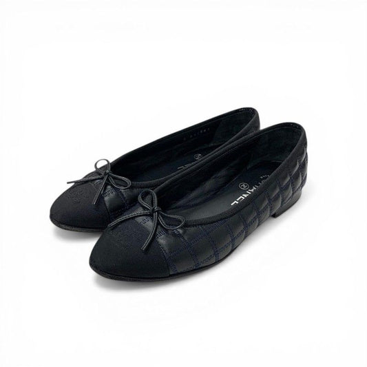 Chanel Flat Shoes Leather Fabric Black Navy CC Logo Quilted Ribbon Ballet