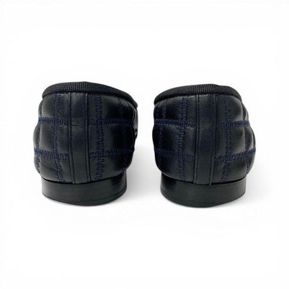 Chanel Flat Shoes Leather Fabric Black Navy CC Logo Quilted Ribbon Ballet — view 4