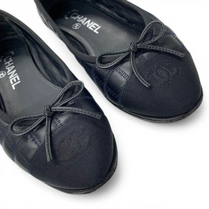 Chanel Flat Shoes Leather Fabric Black Navy CC Logo Quilted Ribbon Ballet — view 9