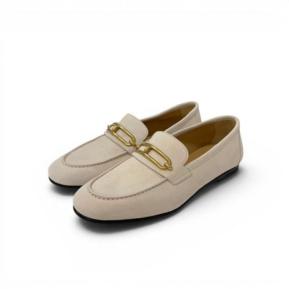 Hermes Colette Loafers Leather Shoes Suede Pink Beige Gold Roulis Buckle