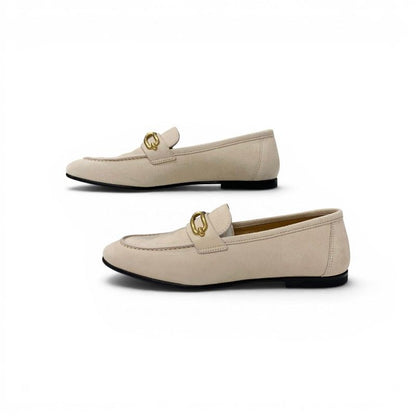Hermes Colette Loafers Leather Shoes Suede Pink Beige Gold Roulis Buckle — view 3