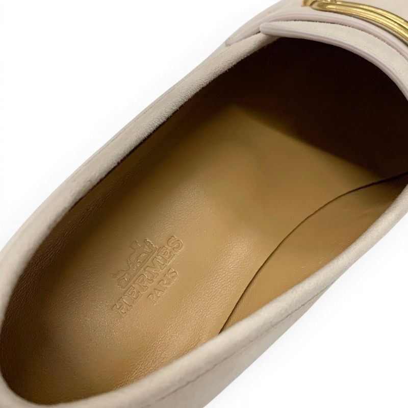 Hermes Colette Loafers Leather Shoes Suede Pink Beige Gold Roulis Buckle — view 7