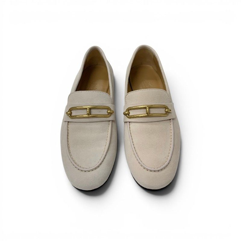 Hermes Colette Loafers Leather Shoes Suede Pink Beige Gold Roulis Buckle — view 2