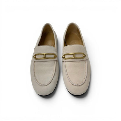 Hermes Colette Loafers Leather Shoes Suede Pink Beige Gold Roulis Buckle — view 2