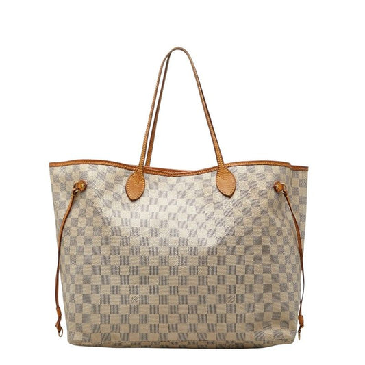 Louis Vuitton Damier Azur Neverfull GM Shoulder Bag Tote White Brown Leather