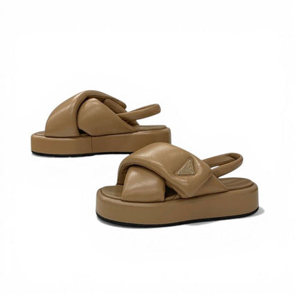 Prada Sandals Shoes Leather Brown Silver Triangle Logo Padded Nappa Strap — view 3