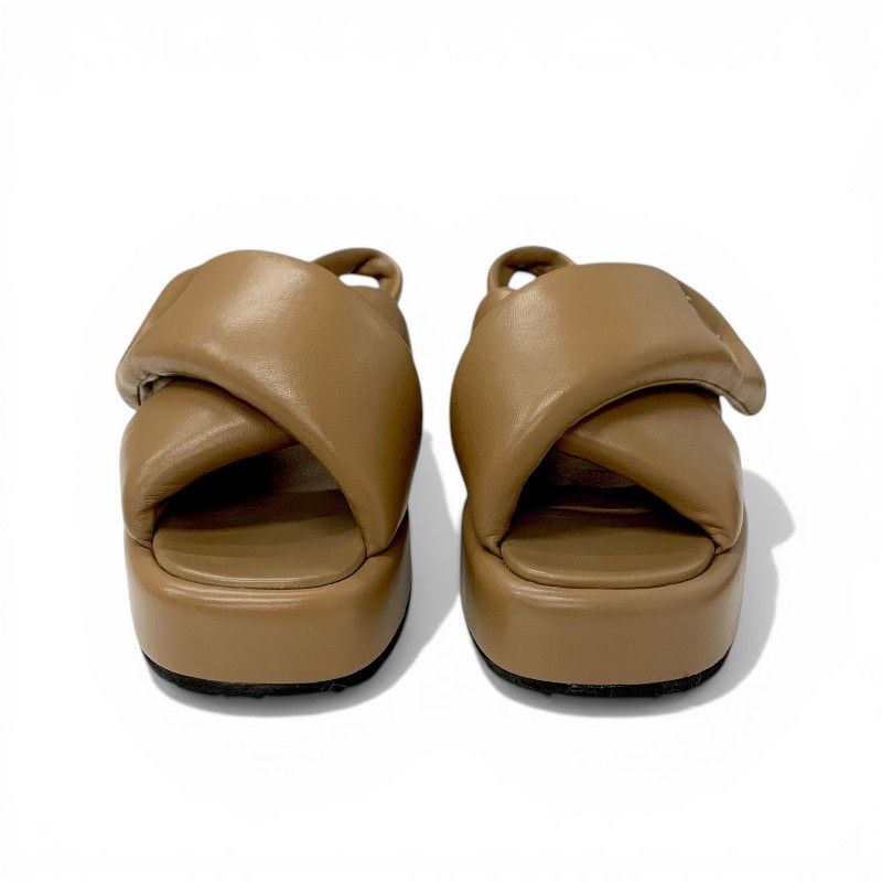 Prada Sandals Shoes Leather Brown Silver Triangle Logo Padded Nappa Strap — view 2