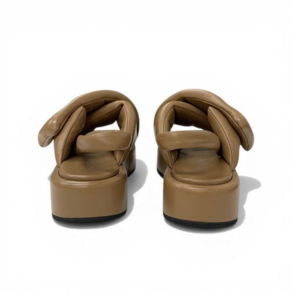 Prada Sandals Shoes Leather Brown Silver Triangle Logo Padded Nappa Strap — view 5