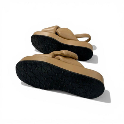 Prada Sandals Shoes Leather Brown Silver Triangle Logo Padded Nappa Strap — view 6