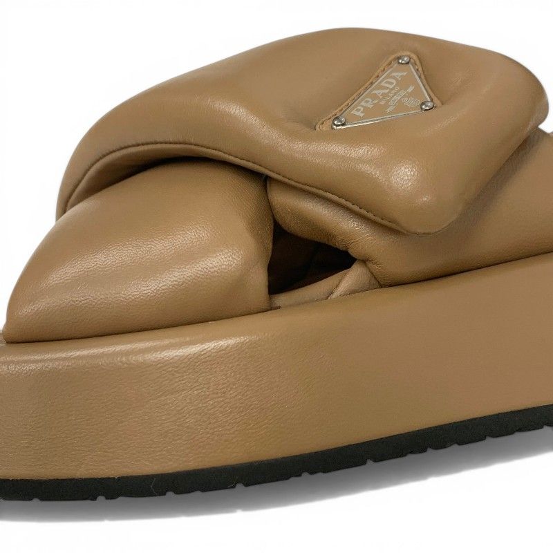 Prada Sandals Shoes Leather Brown Silver Triangle Logo Padded Nappa Strap — view 9