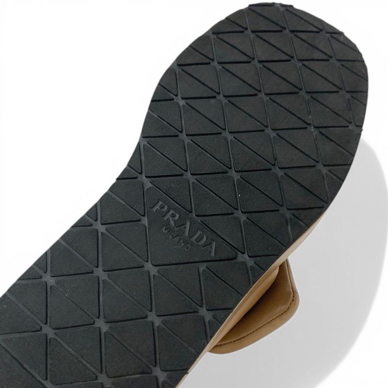 Prada Sandals Shoes Leather Brown Silver Triangle Logo Padded Nappa Strap — view 8