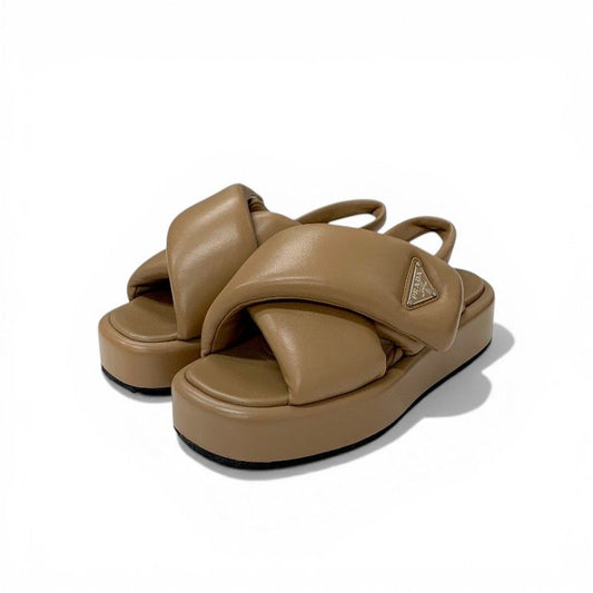Prada Sandals Shoes Leather Brown Silver Triangle Logo Padded Nappa Strap