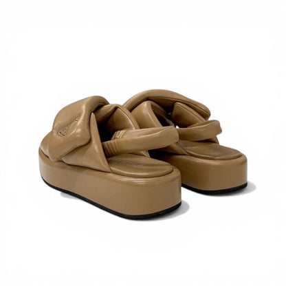 Prada Sandals Shoes Leather Brown Silver Triangle Logo Padded Nappa Strap — view 4