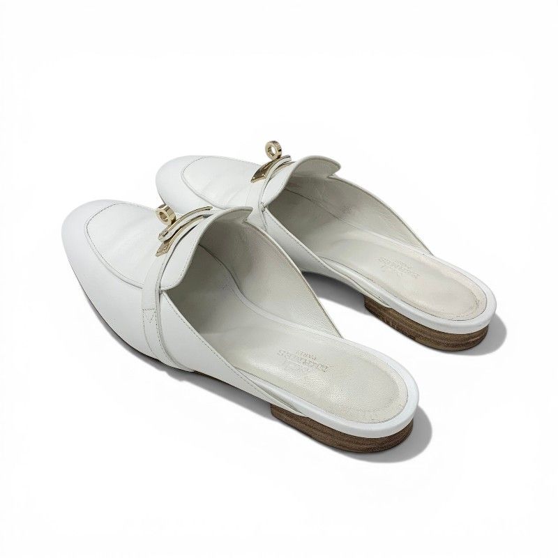 Hermes Oz Sandals Shoes Leather White Gold Mules Kelly Slippers — view 4