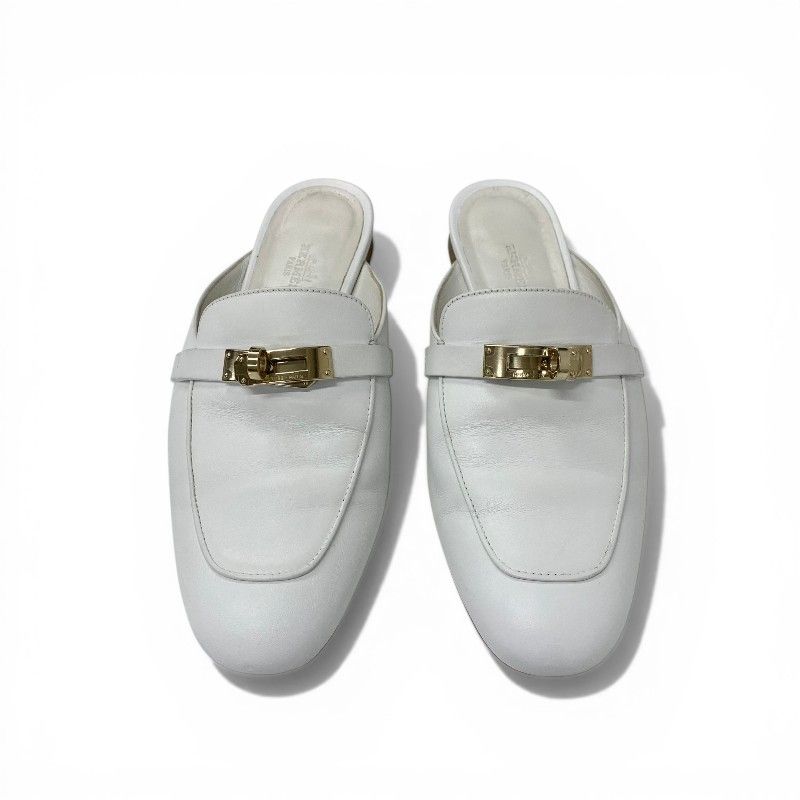 Hermes Oz Sandals Shoes Leather White Gold Mules Kelly Slippers — view 2
