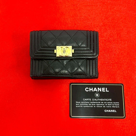Chanel Card with Caviar Leather Trifold Wallet Black