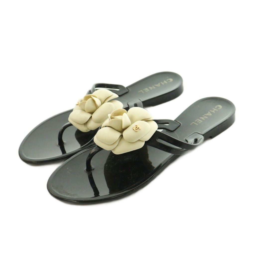Chanel Camellia Thong Sandals 36 Black