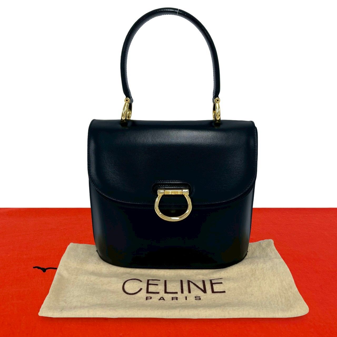 Celine Vintage Logo Gold Leather Handbag Mini Tote Black