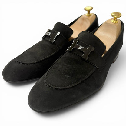 Hermes Moccasins Paris Suede Leather Logo Loafers Flat Shoes Black