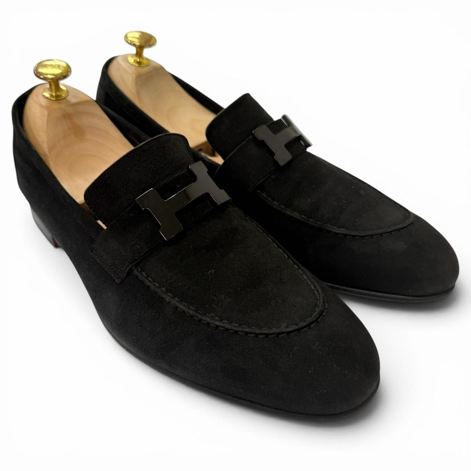 Hermes Moccasins Paris Suede Leather Logo Loafers Flat Shoes Black — view 2