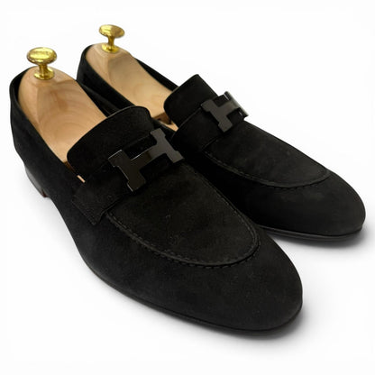 Hermes Moccasins Paris Suede Leather Logo Loafers Flat Shoes Black — view 2