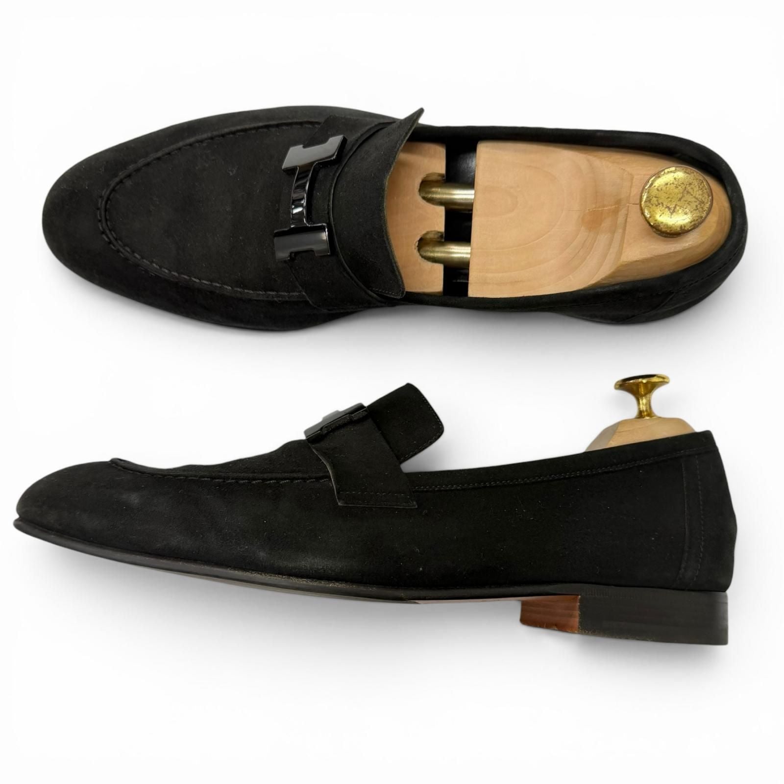 Hermes Moccasins Paris Suede Leather Logo Loafers Flat Shoes Black — view 3