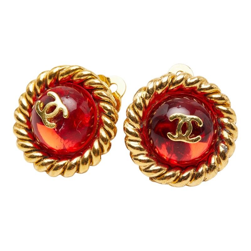 Chanel CC Logo Gripoix Earrings Gold Red Plated Glass