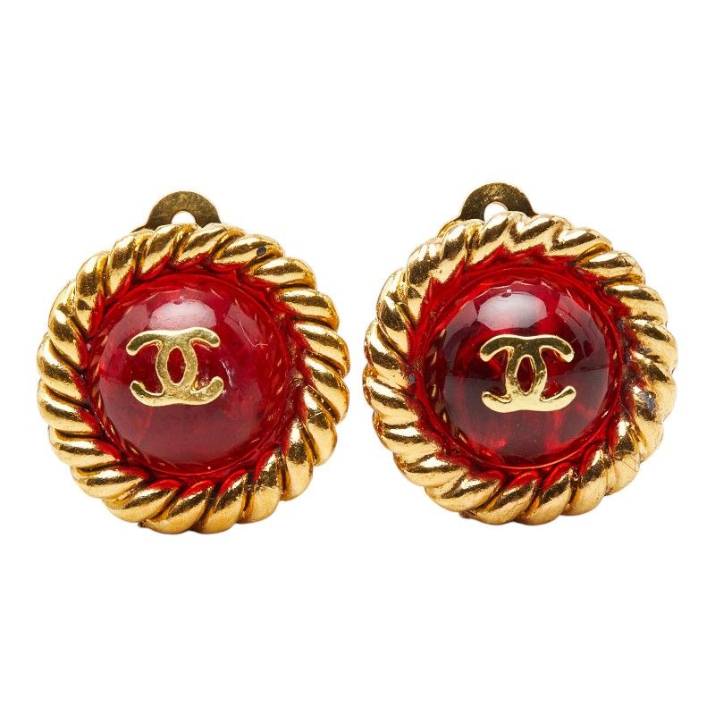 Chanel CC Logo Gripoix Earrings Gold Red Plated Glass — view 2