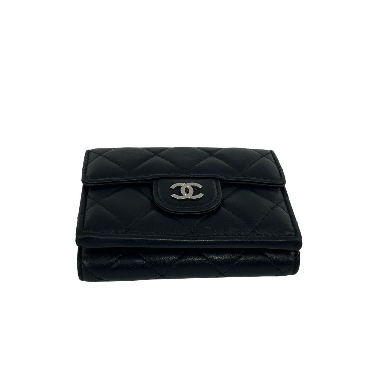 Chanel Box Number 28 Quilted CC Logo Lambskin Leather Trifold Wallet Black — view 6