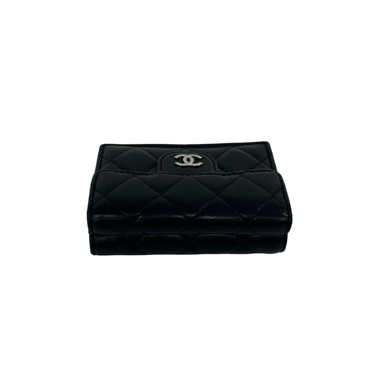 Chanel Box Number 28 Quilted CC Logo Lambskin Leather Trifold Wallet Black — view 3